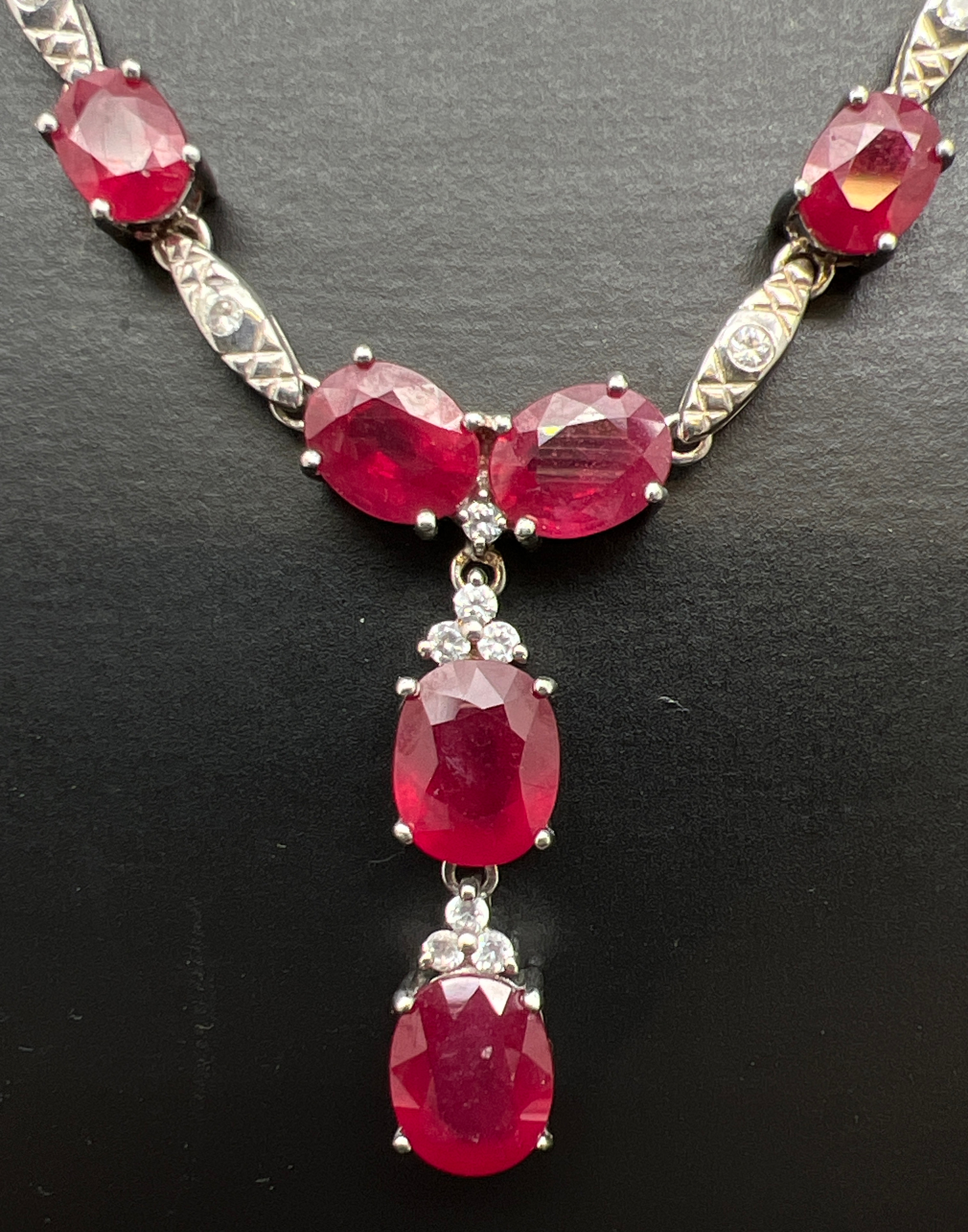 A silver ruby and white topaz fixed drop pendant necklace with spring ring clasp, by The Genuine Gem - Image 2 of 3
