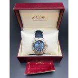 A boxed Swiss Commando wristwatch by Rotary. Blue leather strap and stainless steel case and