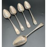 5 Georgian Bateman silver teaspoons with J.C. initials engraved to handles. Hallmarks to back of