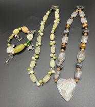 A natural green agate, freshwater pearl and glass bead necklace with matching bracelet. Together
