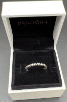 A boxed Pandora bubble heart stacking ring. Marked S925 Ale 52 to inside of band. Size LÂ½.