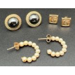 3 pairs of gold and yellow metal earrings. A pair of half hoops with faux pearl beads, a pair of