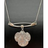 A 925 silver Art Nouveau design fixed pendant necklace with hanging pendant featuring a stylised