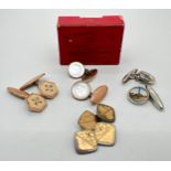 4 vintage pairs of cufflinks in a vintage H. Samuels jewellery box. Cufflinks to include square