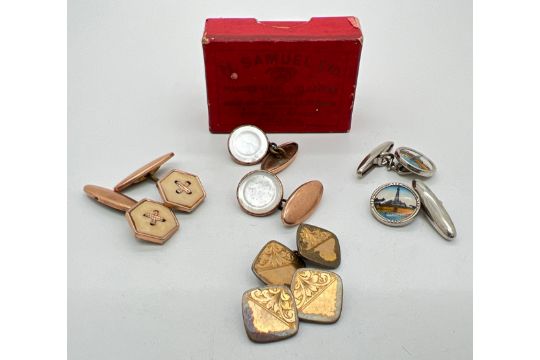 4 vintage pairs of cufflinks in a vintage H. Samuels jewellery box. Cufflinks to include square