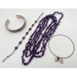 A collection of assorted vintage silver, white metal & amethyst jewellery. To include 7 panel