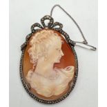 A large vintage 'Habille' cameo brooch of a fine lady, in a marcasite set silver mount. Complete