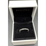 A boxed Pandora bubble heart stacking ring. Marked S925 Ale 52 to inside of band. Size LÂ½.