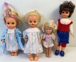 4 vintage plastic and vinyl dolls. To include 1987 Dolly Surprise Hair Grow doll