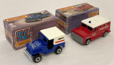 2 boxed 1970's Matchbox 75 diecast trucks, #5 US Mail truck together with #69 Security truck. Blue