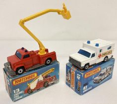 2 boxed 1977 Matchbox 75 Superfast emergency vehicles, #41 ambulance & #13 Snorkel fire engine.