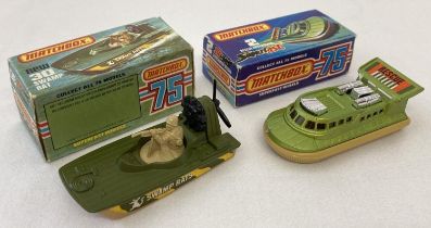 2 boxed 1970's Matchbox Superfast diecast boats, #2 Rescue Hovercraft & #30 Swamp Rat. Beige & light