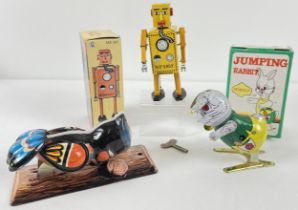 3 vintage Chinese tin plate wind up clockwork toys, complete with keys and boxes. All in working