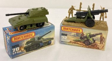 2 boxed 1970's Matchbox vehicles #70 Rolamatics Self Propelled Gun & #32 Field Gun and diorama. S-