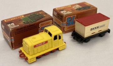 2 boxed 1977 Matchbox 75 diecast vehicles, #24 diesel Shunter together with #25 Flat car/