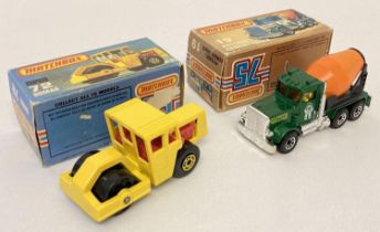 2 boxed Matchbox 75 construction vehicles, #19 Peterbilt Cement Truck & #72 Bomag Road Roller.