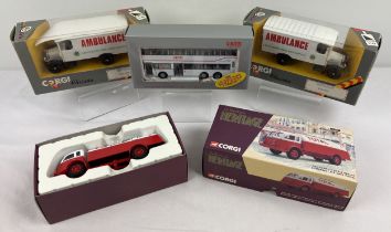 4 boxed Corgi boxed vehicles. 2 x 854 Thornycroft 1929 Ambulance, KMB double decker bus and a