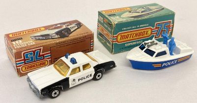 2 boxed 1970's Matchbox 75 Superfast Police vehicles, #10 Plymouth Police car & #52 Police Launch.