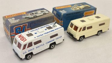 2 boxed Matchbox 75 diecast #54 mobile vehicles, Mobile Home together with NASA Tracking Vehicle.