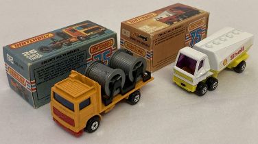 2 boxed Matchbox 75 diecast vehicles, #26 Cable Truck together with #63 Freeway Gas Tanker. Yellow &