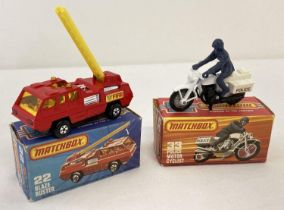 2 boxed 1970's Matchbox Superfast emergency vehicles, #22 Blaze Buster & #33 Police Motor Cyclist.