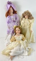 3 large soft bodied porcelain dolls. To include a bride doll and an "Emily" Alberon doll in a floral