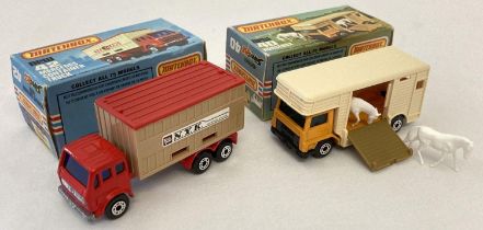 2 boxed 1970's Matchbox Superfast diecast trucks, #42 Mercedes Container Truck & #40 Horsebox. Red