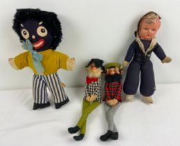 4 vintage well loved soft bodied dolls. A Golly together with a sailor doll and 2 leprechauns.