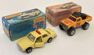 2 boxed 1980's Matchbox 75 diecast cars, #56 Mercedes 450.SEL Taxi & #63 4x4 Open Back Truck.