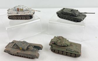 4 Corgi diecast model tanks comprising: M1 Abrams, Tiger I, Churchill and Scorpion.