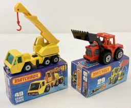 2 boxed 1970's Matchbox Superfast diecast vehicles, #29 Tractor Shovel with #49 Crane Truck. Crane -