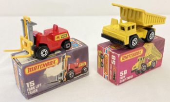 2 boxed 1970's Matchbox Superfast diecast trucks, #15 Fork Lift Truck with #58 Faun Dump Truck.