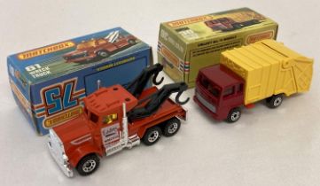 2 boxed 1970's Matchbox 75 diecast trucks, #36 Refuse Truck together with #61 Wreck Truck. Red &