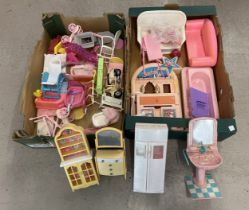 2 boxes of assorted vintage Barbie furniture, nursery equipment and accessories.