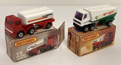 2 boxed Matchbox 75 diecast tankers, #14 Leyland Petrol Tanker together with #63 Freeway Gas Tanker.