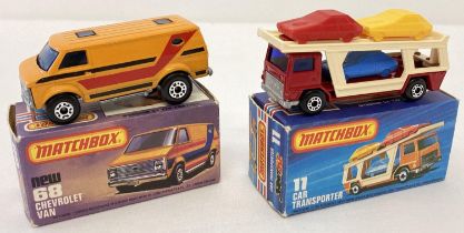 2 boxed 1970's Matchbox Superfast diecast vehicles, #11 Car Transporter with #68 Chevrolet Van. Dark