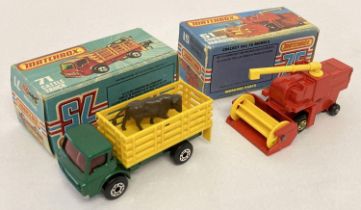 2 boxed 1970's Matchbox 75 farm vehicles, #51 Combine Harvester together with #71 Cattle Truck.