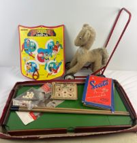 A collection of vintage toys and games. Comprising a boxed "Bob-Snooker" game, a Superheroes Hoop-La