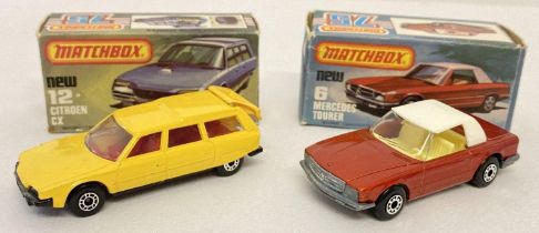 2 boxed 1979 Matchbox 75 diecast cars, #6 Mercedes Tourer together with #12 Citroen CX. Mercedes -