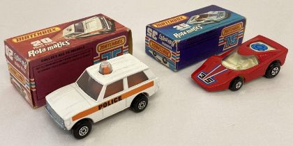 2 boxed 1970's Matchbox Rolamatics diecast vehicles; #20 Police Patrol and #35 Fandango. Vehicles in