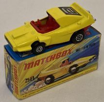 A boxed 1970's Matchbox Superfast Woosh n Push, #58, in yellow with red interior and #2 decal.