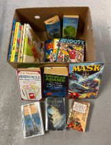A box of assorted hardback and paperback books to include Rupert Bear annuals, Mask, Giles, Beano,