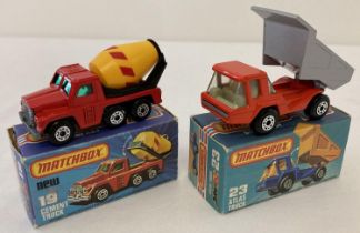 2 boxed 1970's Matchbox Superfast diecast construction vehicles, #19 Cement Truck & #23 Atlas Truck.