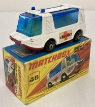 A boxed 1970's Matchbox Superfast Stretcha Fetcha Ambulance, #46. With fat wheel cushion suspension.