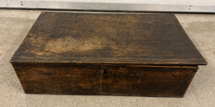 An antique dark wood bible box with scalloped edges, approx. 15cm tall x 57cm long.