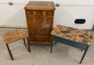 3 small items of furniture. A Bevan Funnel 'Reprodux' yew wood veneer bow fronted cabinet,