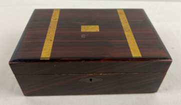 A small vintage dark wood writing box with velvet lined interior and contents, to include costume