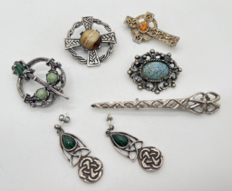 A small collection of natural stone set Celtic style jewellery, mostly brooches. To include 2 x