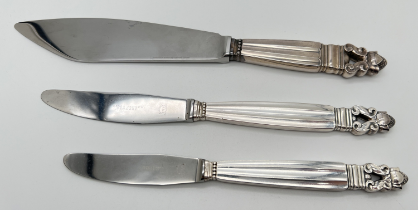 3 Georg Jensen silver handled knives with Acorn pattern handles. A cake knife together with 2