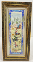 A Persian hand painted thin rectangular panel depicting a hunting scene, in decorative inlaid